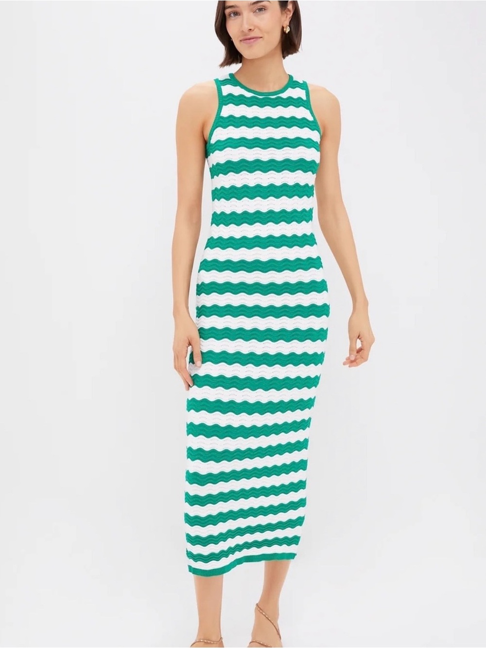 Sleeveless Green and White Striped Midi Knit Dress